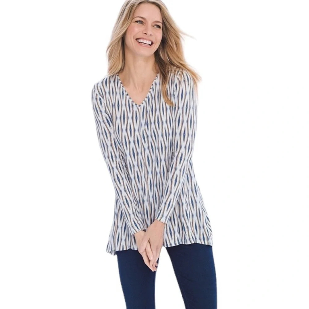 Chico’s Zenergy Women’s 16/18 V-Neck Long‎ Sleeve Geometric Ikat Tunic Top